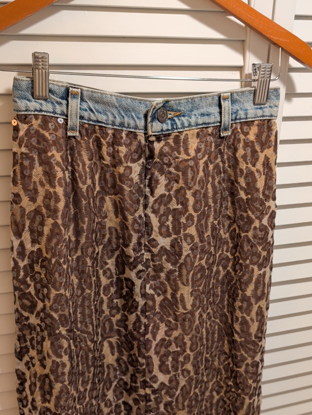 Maxou Tan & Brown Ladie Leopard-Print Sequin Skirt  Contrasting Denim Waistband